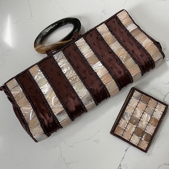 Vintage Mad Bags Purse Handbag Mother of Pearl Tile, Bone Handles 12 x 5.5 - Picture 1 of 8